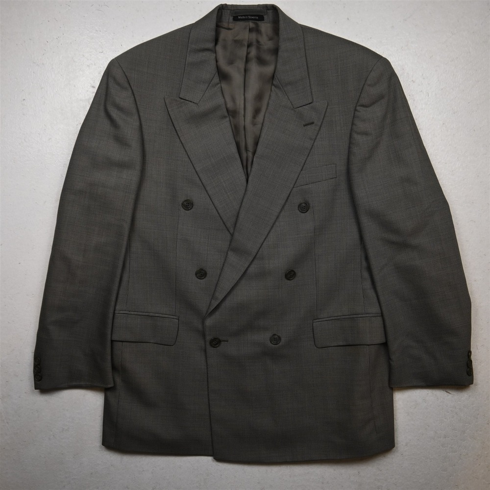 Vtg Y2K 2000s Double Breasted 41R Gray Nailshead 100% Wool Blazer Sport Coat